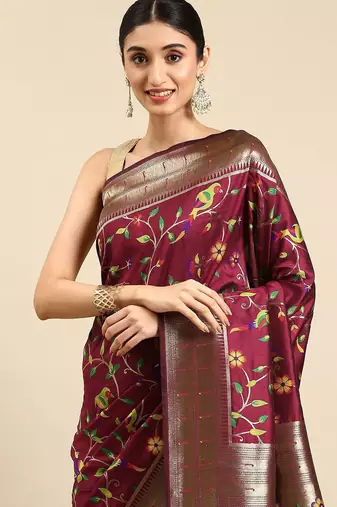 magenta floral zari silk blend paithani saree