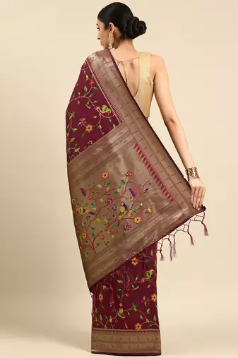 magenta floral zari silk blend paithani saree