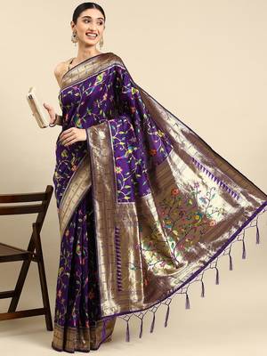 purple woven design zari silk blend paithani saree 1