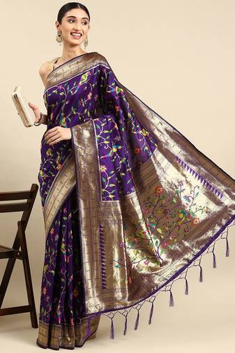 purple woven design zari silk blend paithani saree