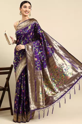 purple woven design zari silk blend paithani saree