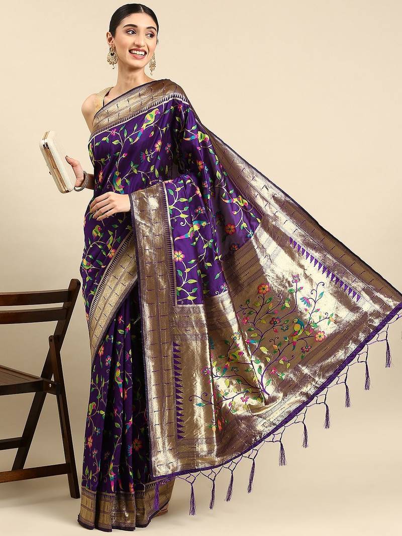 purple woven design zari silk blend paithani saree