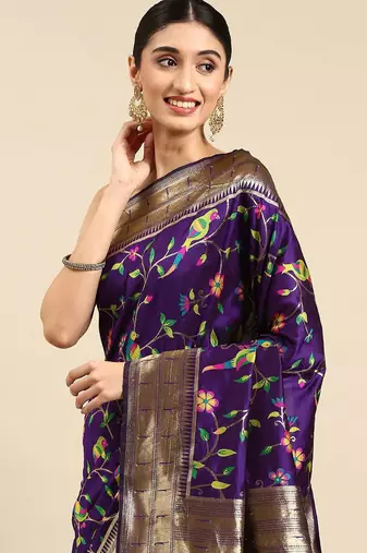 purple woven design zari silk blend paithani saree
