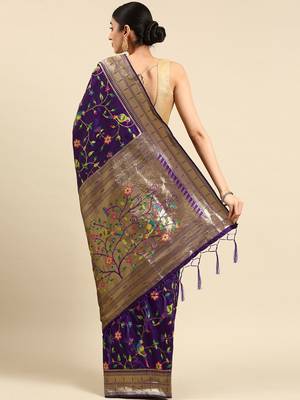 purple woven design zari silk blend paithani saree 3
