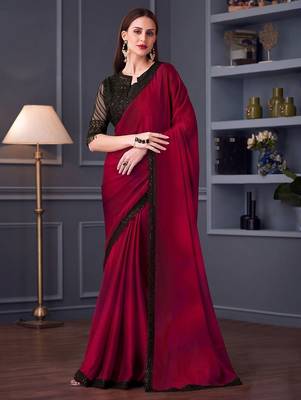 pink embellished sequinned satin saree 1