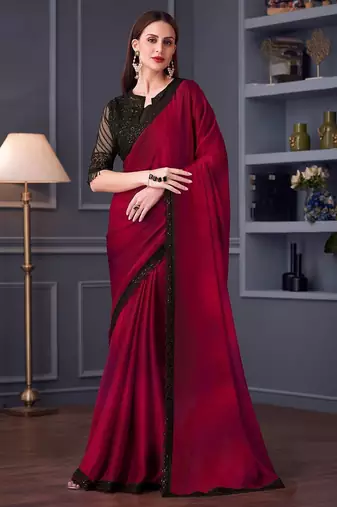 pink embellished sequinned satin saree