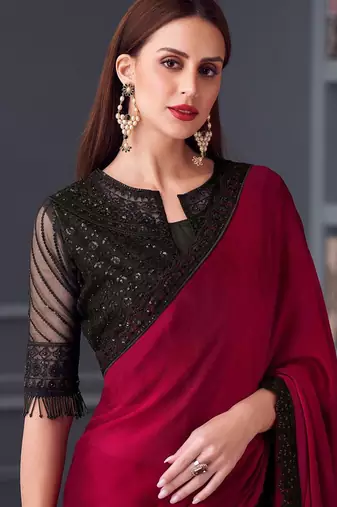 pink embellished sequinned satin saree