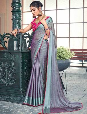 teal teal & magenta striped satin saree 1