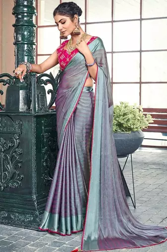 teal teal & magenta striped satin saree