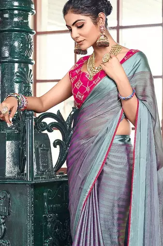 teal teal & magenta striped satin saree
