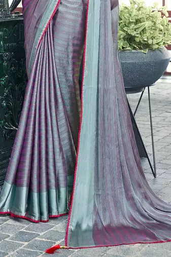 teal teal & magenta striped satin saree