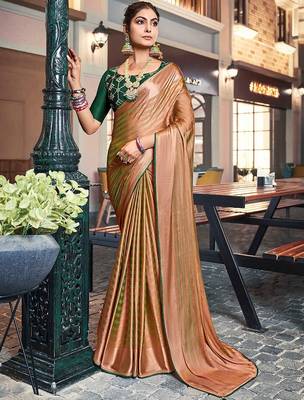 orange orange & green striped satin saree 1