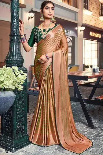 orange orange & green striped satin saree