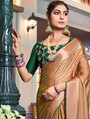 orange orange & green striped satin saree 2
