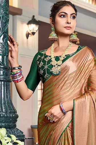 orange orange & green striped satin saree