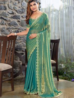 green beads and stones satin saree 1