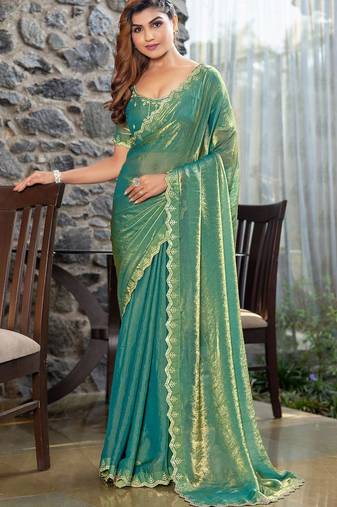 green beads and stones satin saree