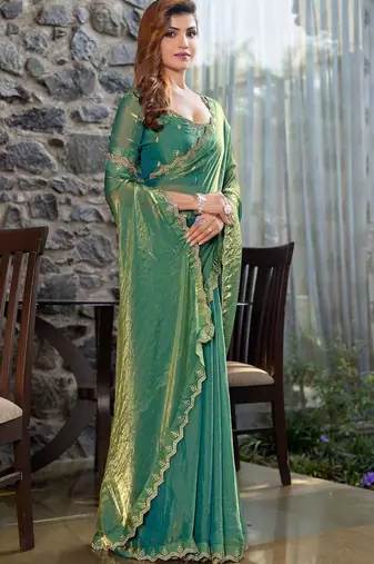 green beads and stones satin saree