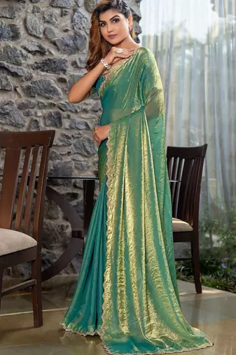 green beads and stones satin saree