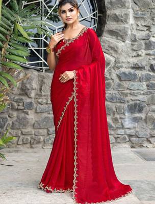 red embellished beads and stones satin saree 1