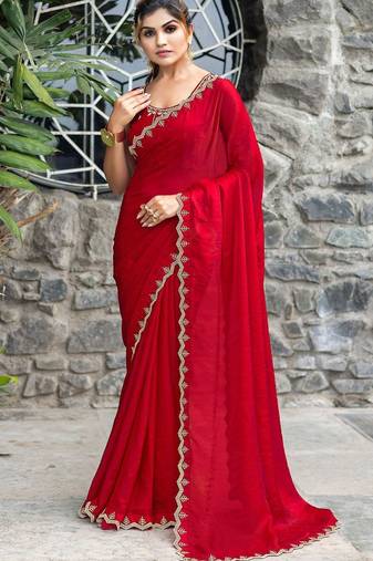 red embellished beads and stones satin saree