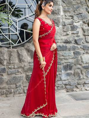 red embellished beads and stones satin saree 2