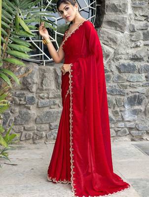 red embellished beads and stones satin saree 3