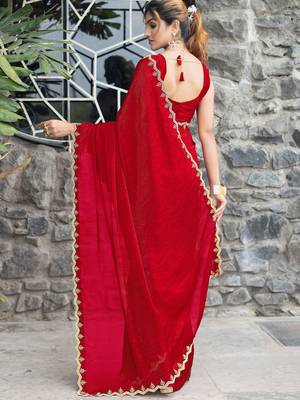 red embellished beads and stones satin saree 4