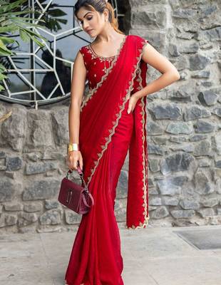 red embellished beads and stones satin saree 5