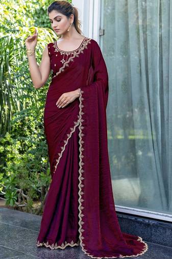 maroon women embellished beads and stones satin saree