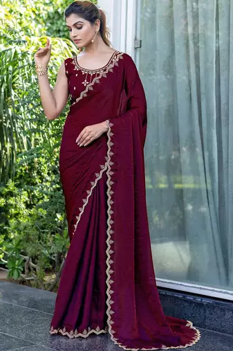 maroon women embellished beads and stones satin saree