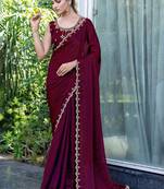 maroon women embellished beads and stones satin saree