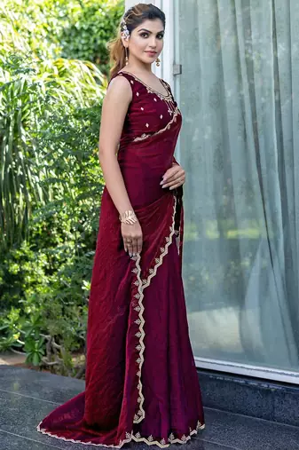 maroon women embellished beads and stones satin saree