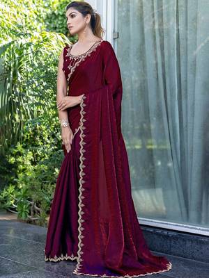 maroon women embellished beads and stones satin saree 3