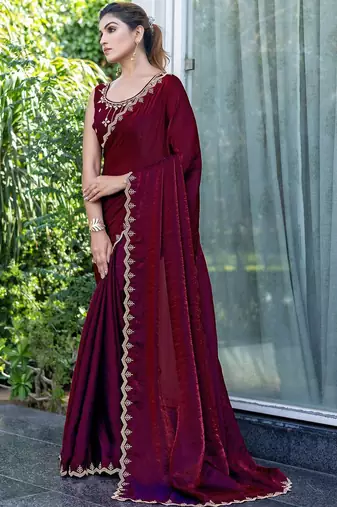 maroon women embellished beads and stones satin saree