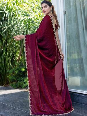 maroon women embellished beads and stones satin saree 4