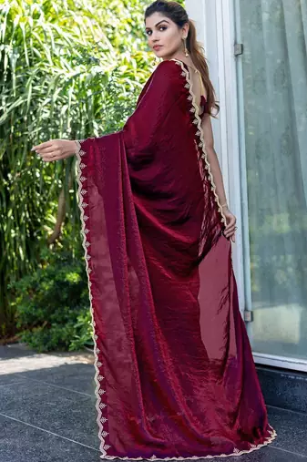 maroon women embellished beads and stones satin saree