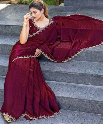 maroon women embellished beads and stones satin saree 5