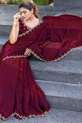 maroon women embellished beads and stones satin saree