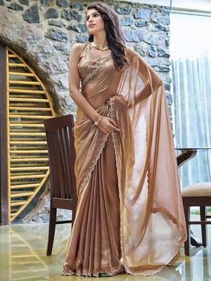 brown beads and stones satin saree 1