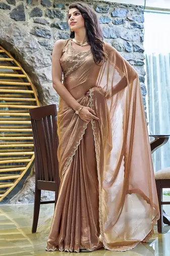 brown beads and stones satin saree