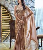 brown beads and stones satin saree