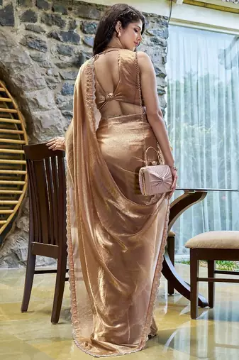 brown beads and stones satin saree