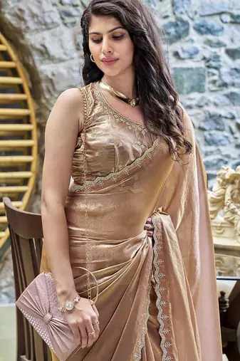 brown beads and stones satin saree