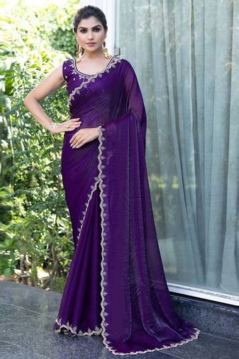purple embellished beads and stones satin saree