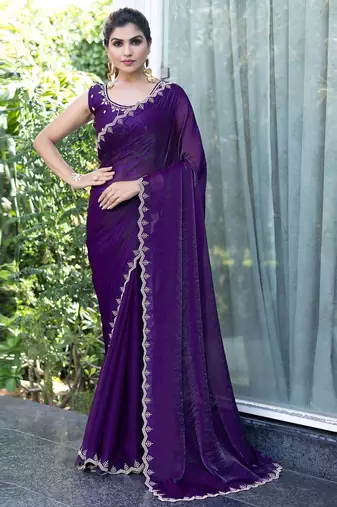 purple embellished beads and stones satin saree
