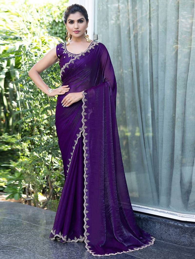purple embellished beads and stones satin saree