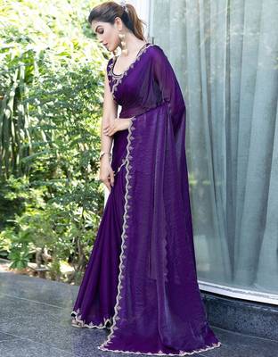 purple embellished beads and stones satin saree 2