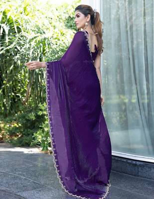 purple embellished beads and stones satin saree 3