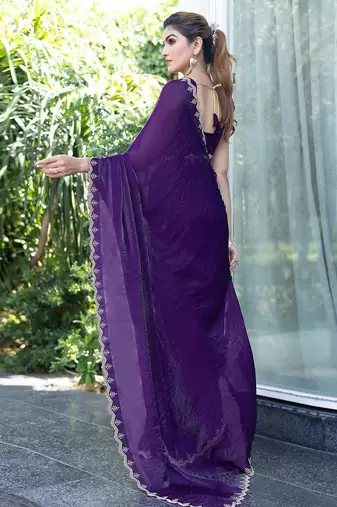 purple embellished beads and stones satin saree